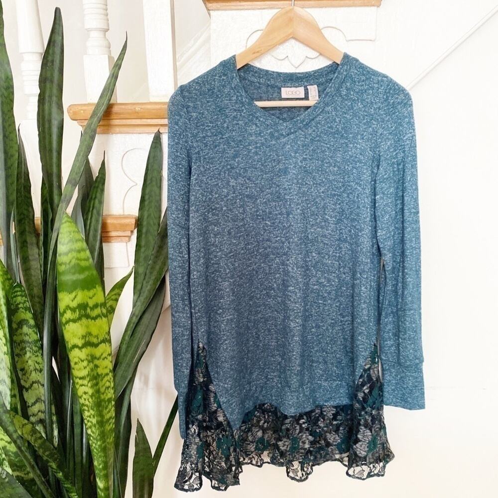 LOGO by Lori Goldstein teal lace hem blouse sz XS